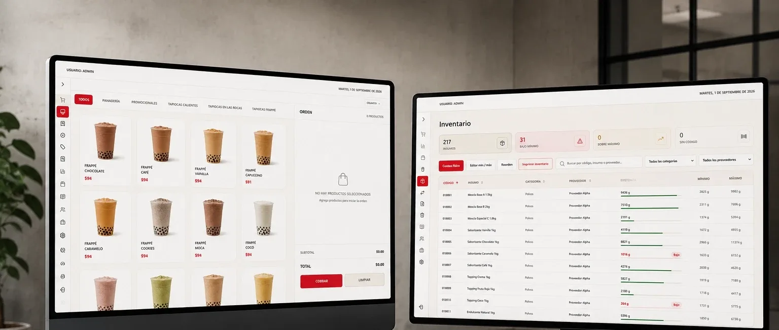 Dos monitores sobre un mostrador: a la izquierda el punto de venta con el menú de frappés y el botón de cobrar, a la derecha el inventario con existencias, mínimos y alertas de faltante.