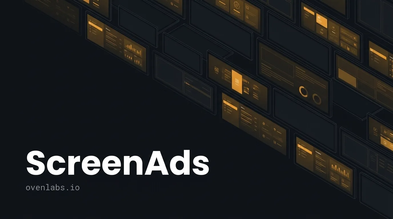 Arte de ScreenAds: una retícula isométrica de pantallas de menú en ámbar sobre fondo carbón.